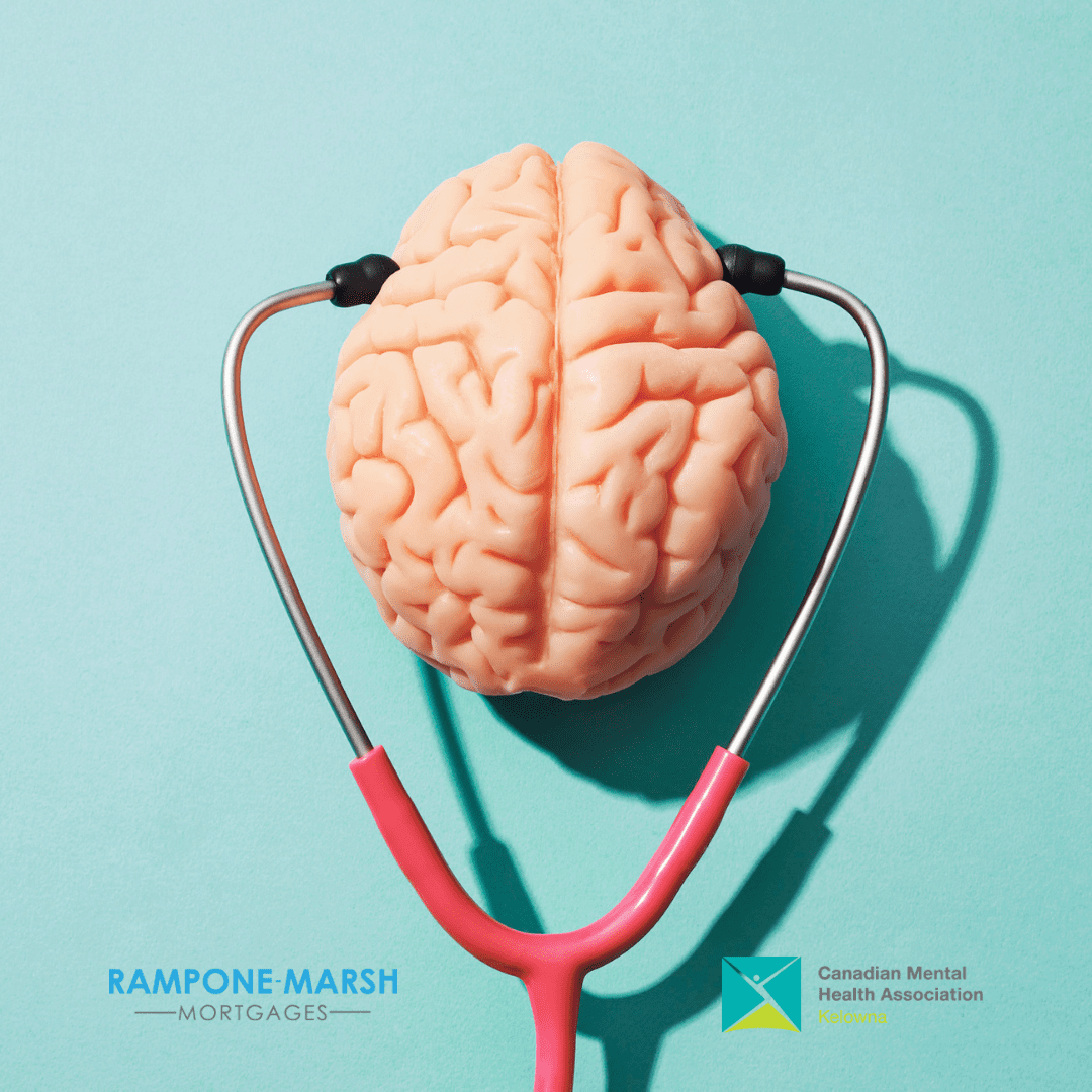 Brain with stethoscope and mental health matters team CMHA Kelowna and Rampone-Marsh Mortgages